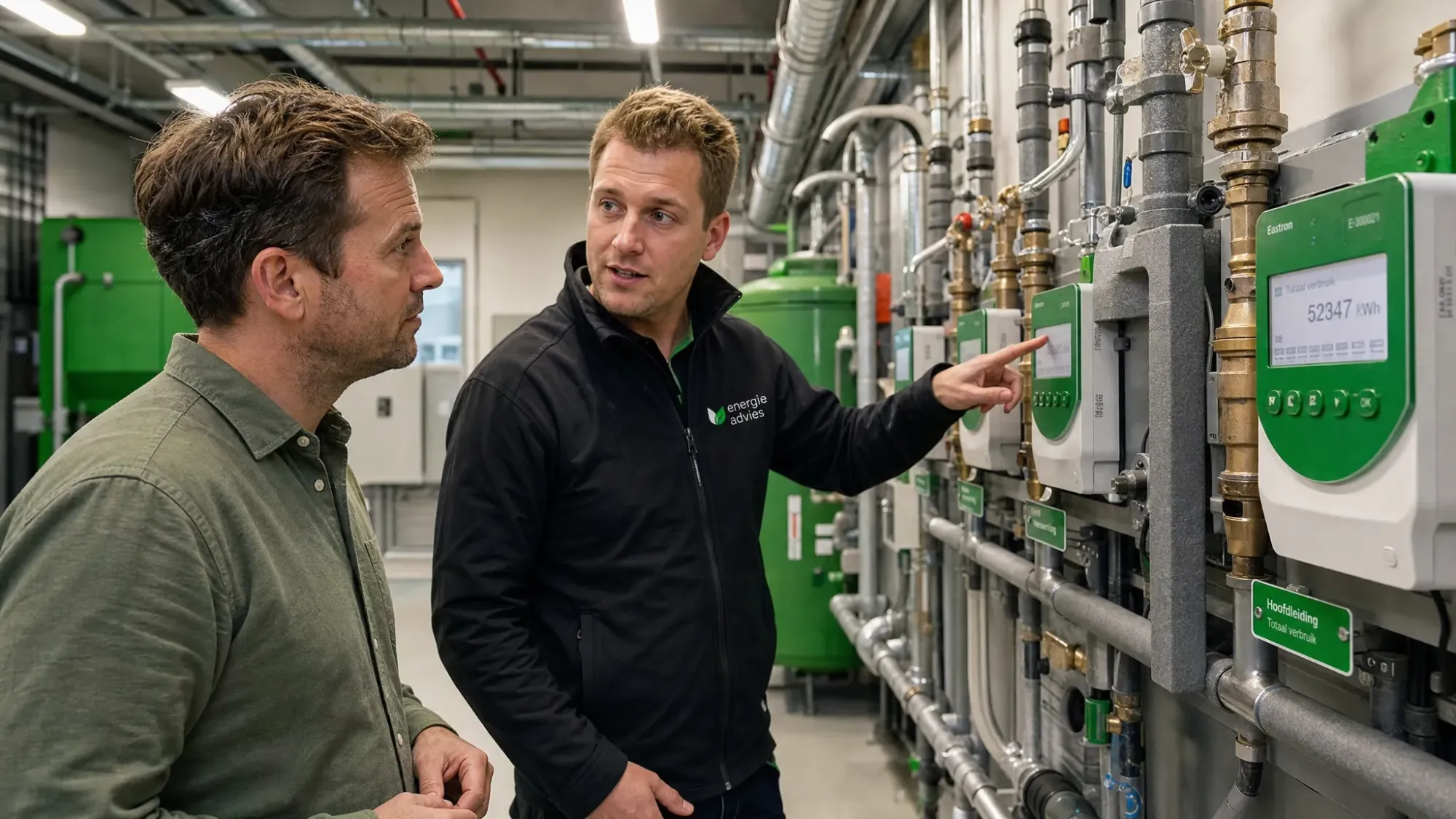 Een ondernemer en een energieadviseur bekijken samen in een technische bedrijfsruimte de energiemeters, leidingen en installaties, met LED-verlichting aan het plafond en duidelijke meetpunten in beeld.