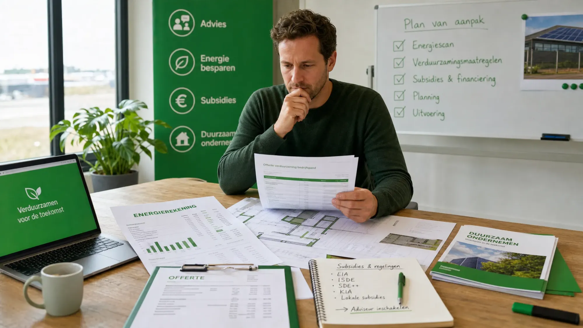 Een ondernemer zit aan een vergadertafel met energierekeningen, offertes, een plattegrond van een bedrijfspand en notities over subsidies, in een kantooromgeving met een duidelijk overzicht van de voorbereidingen.