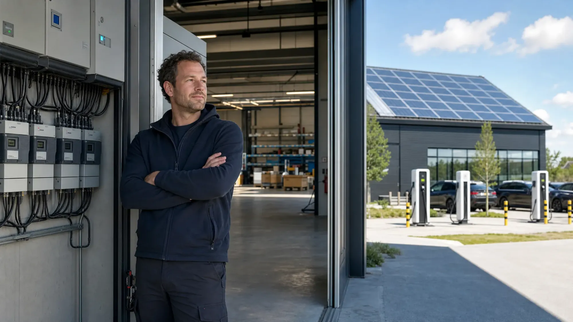 Een mkb-ondernemer staat in een moderne bedrijfshal naast een technische ruimte met meters, terwijl via een open gevel zonnepanelen op het dak zichtbaar zijn en buiten laadpalen op het terrein staan.