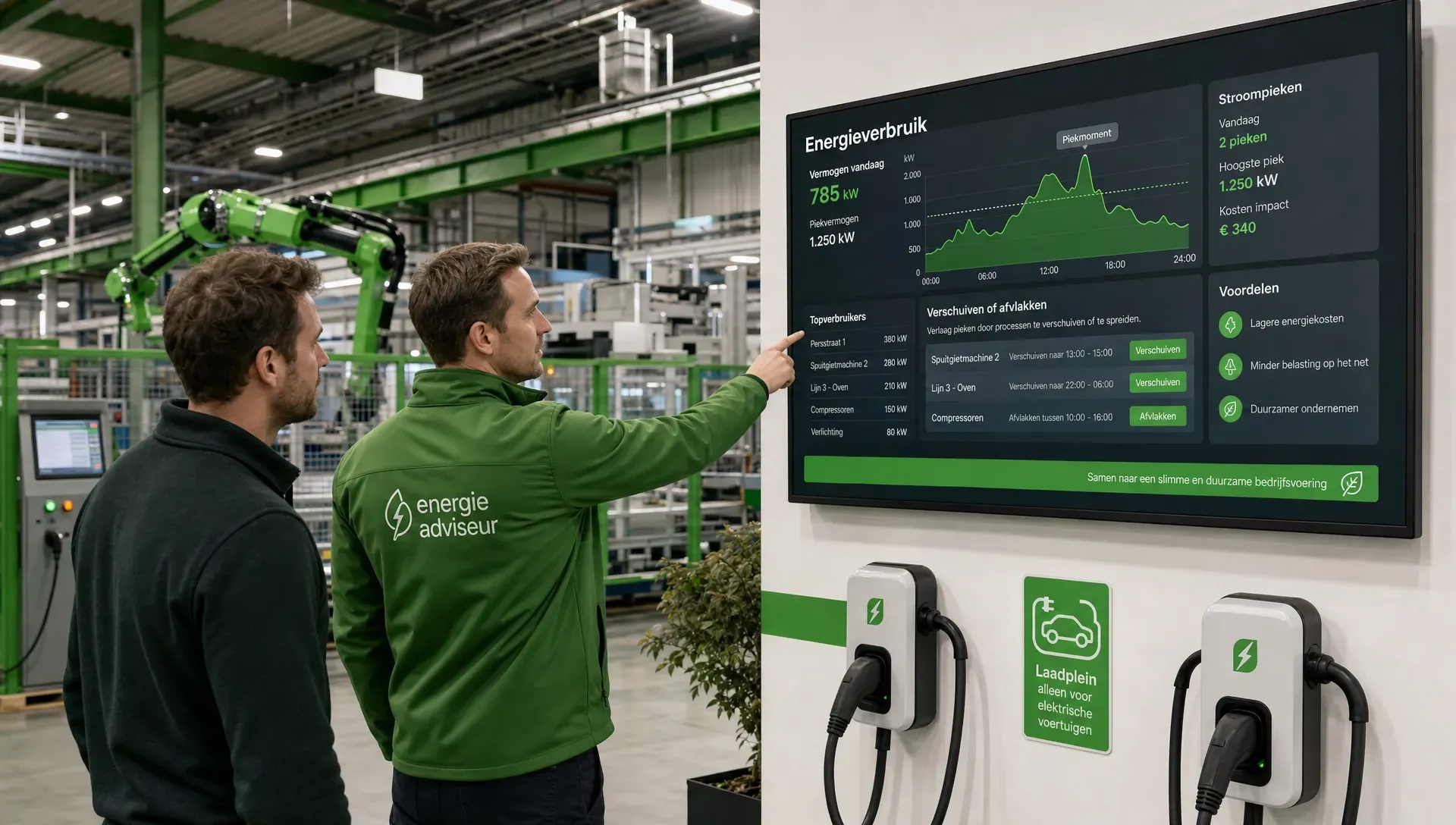 Een ondernemer en een energieadviseur staan bij een productiehal met machines, laadpunten en een groot energiedisplay, terwijl zij aanwijzen waar stroompieken ontstaan en welke processen je kunt verschuiven of afvlakken.