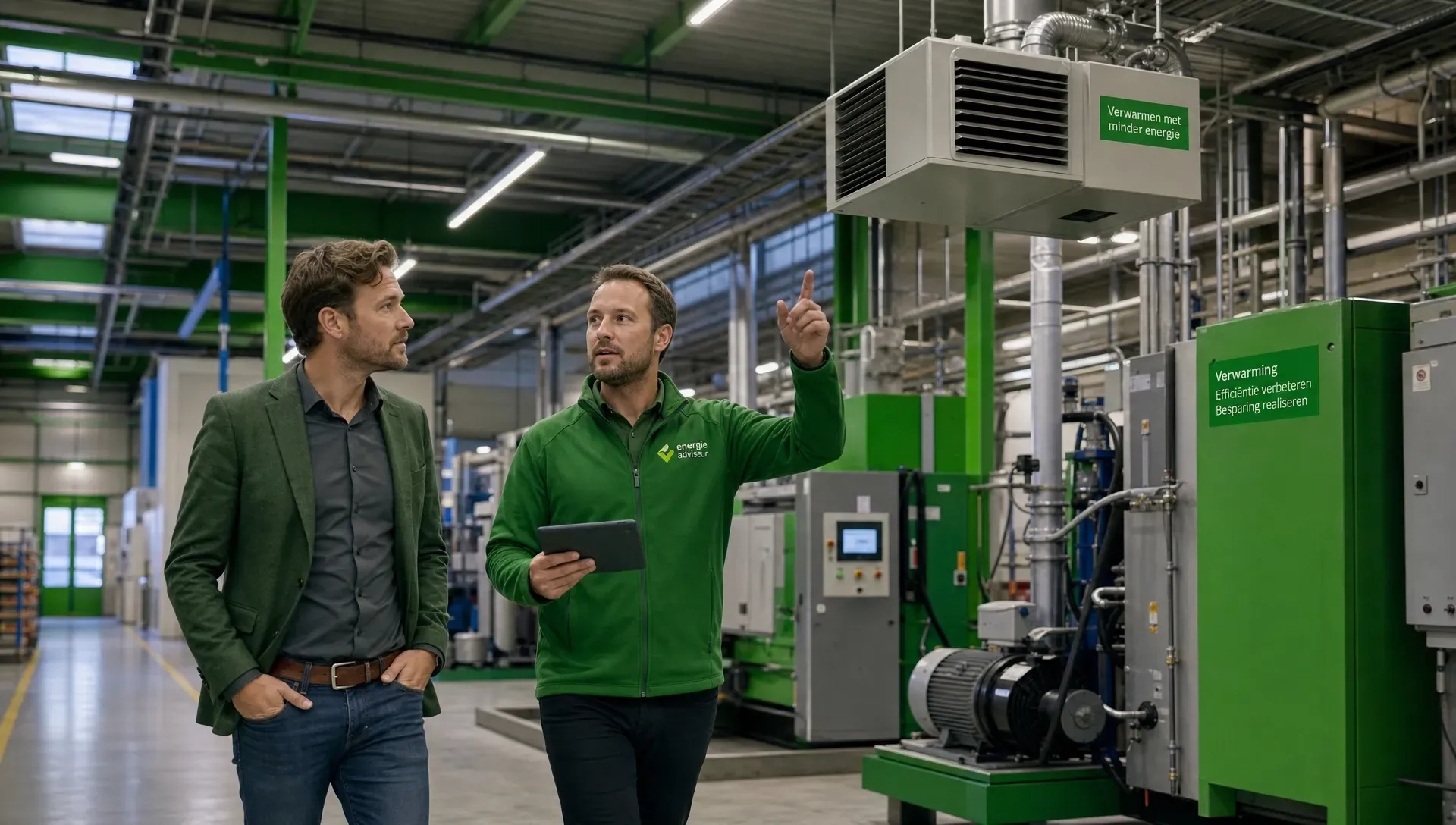 Een ondernemer loopt samen met een energieadviseur door een bedrijfspand en bekijkt verlichting, verwarmingsinstallaties en machines om mogelijkheden voor energiebesparing te herkennen.