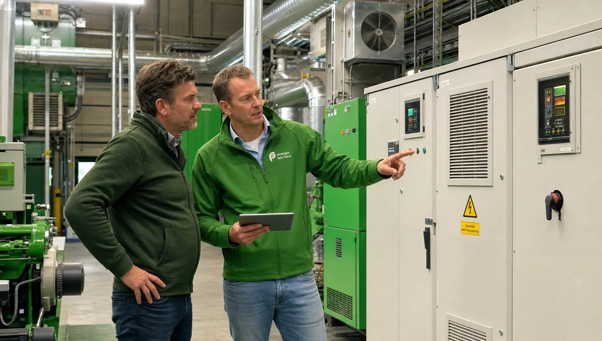 Een ondernemer en een energieadviseur staan samen in een bedrijfshal en kijken naar schakelkasten, ventilatie en machineopstellingen om kansen voor energiebesparing en verduurzaming te vinden.