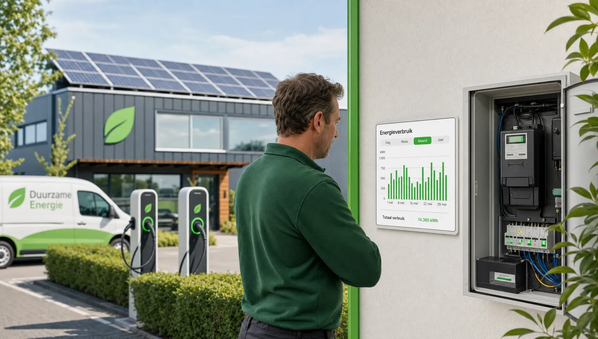 Een compact beeld van een bedrijfspand met zonnepanelen op het dak, laadpunten op het terrein en een ondernemer die naast een meterkast naar een eenvoudige energiegrafiek kijkt.