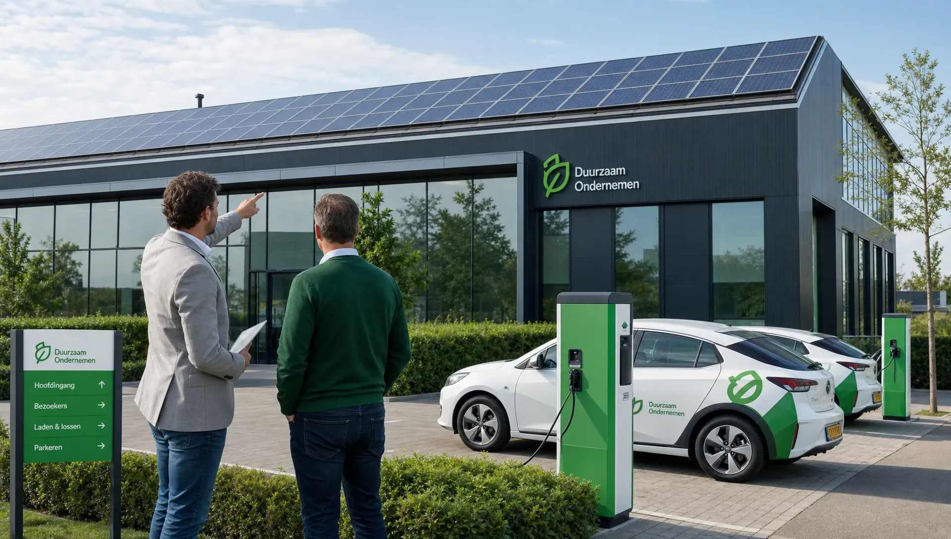 Een Nederlands bedrijfspand met zonnepanelen op het dak en laadpalen op het terrein, terwijl een ondernemer en een adviseur buiten naar het gebouw en de aansluiting kijken.