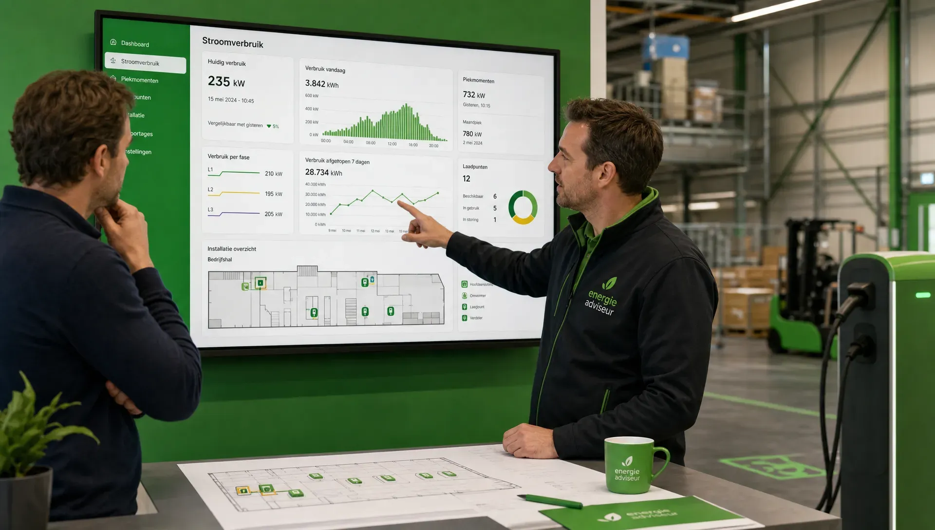 Een ondernemer bekijkt samen met een energieadviseur een overzicht van stroomverbruik, piekmomenten en laadpunten in een bedrijfshal, met de aandacht op een scherm en een plattegrond van de installatie in de ruimte.