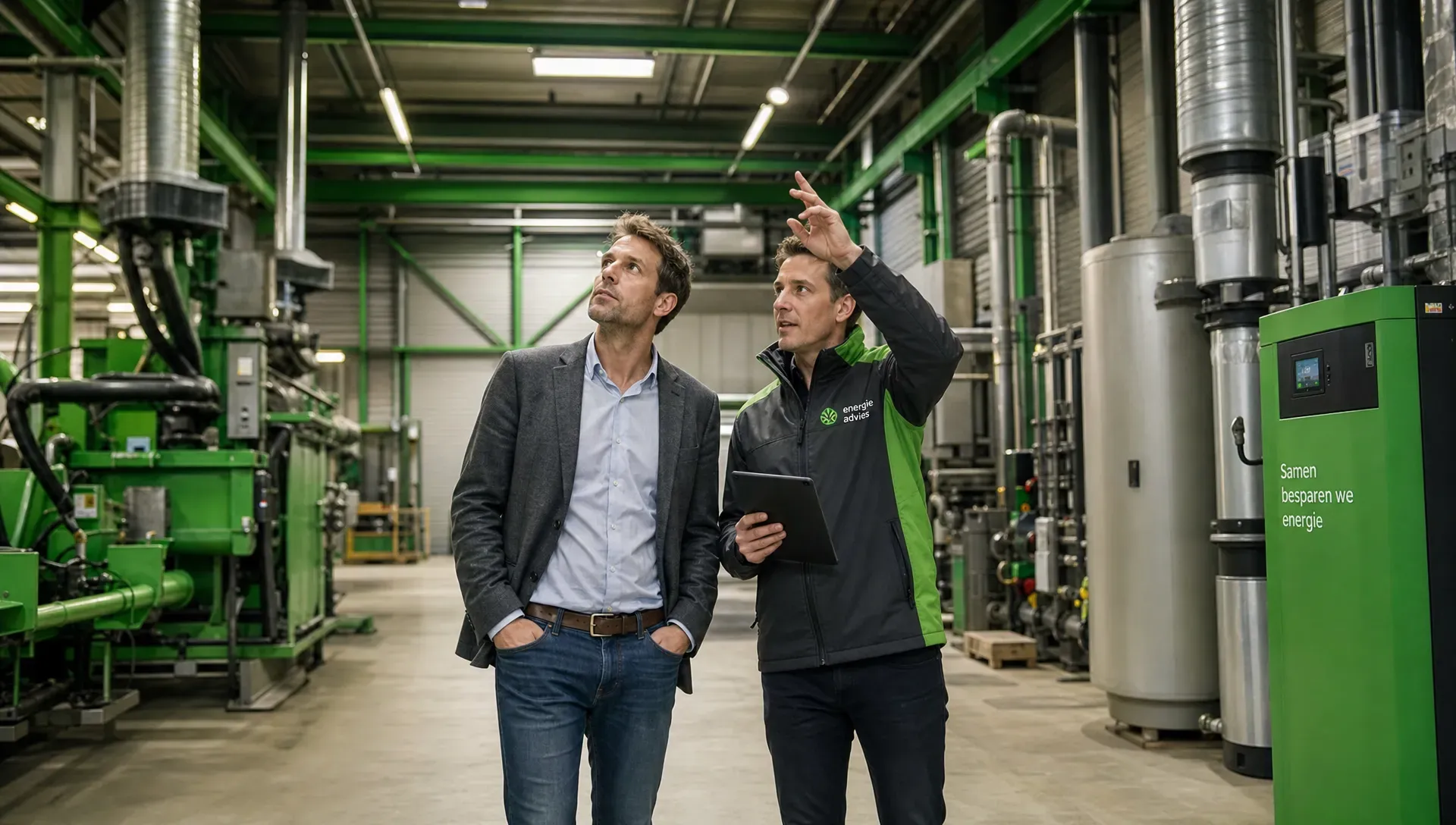 Een ondernemer loopt samen met een energieadviseur door een bedrijfshal en bekijkt verlichting, machines en verwarmingsinstallaties om kansen voor energiebesparing te vinden.