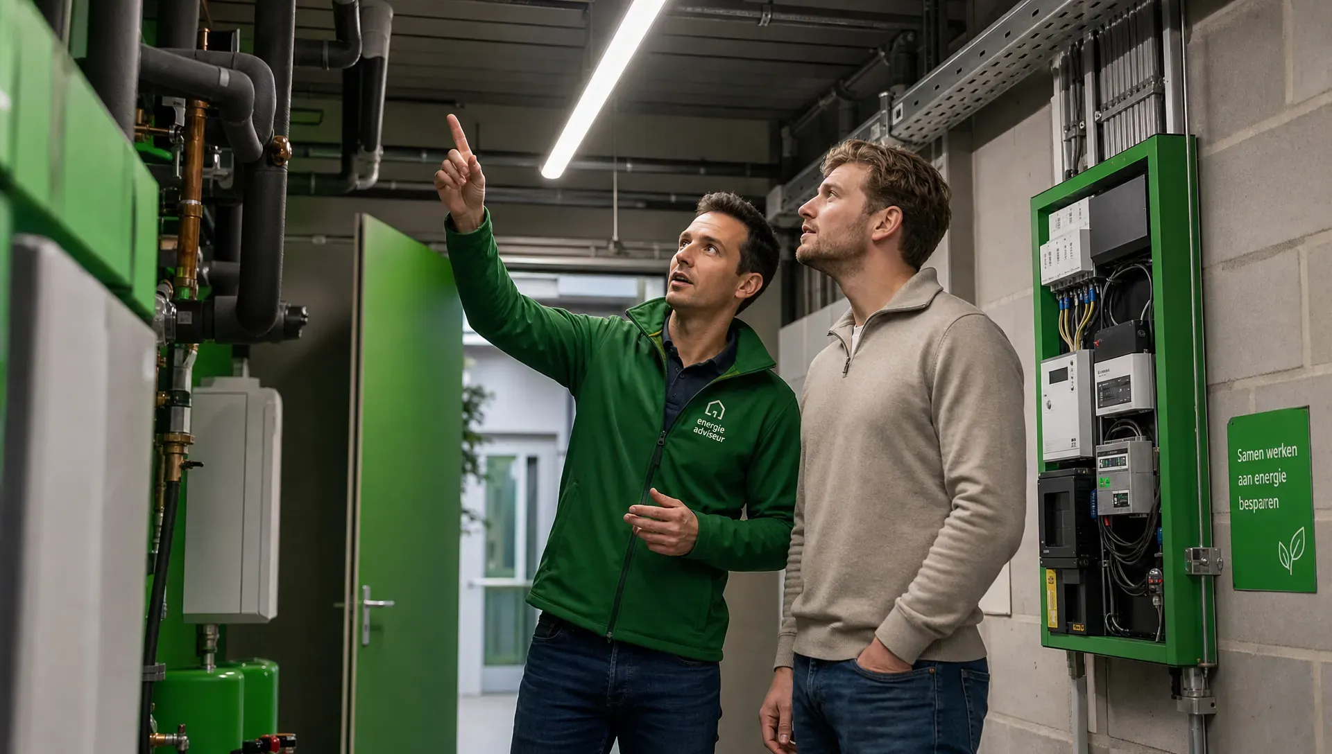 Een ondernemer en een energieadviseur staan in een technische ruimte van een bedrijfspand en kijken naar verlichting, verwarmingsbuizen en een meterkast om energiebesparende maatregelen te bespreken.
