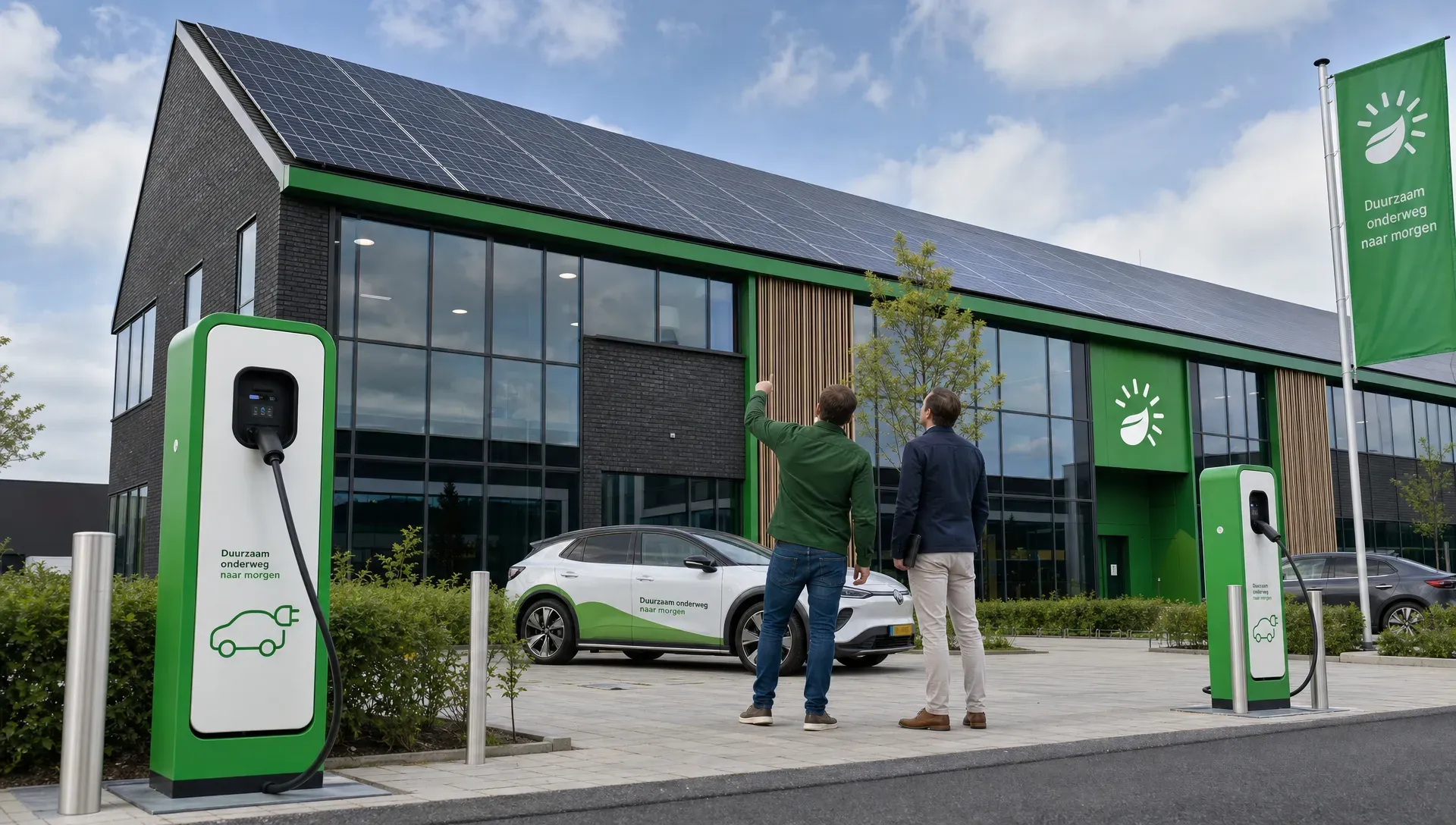 Een modern bedrijfspand in de regio Arnhem-Nijmegen met zonnepanelen op het dak, laadpunten op het terrein en een ondernemer die buiten met een adviseur naar het dak kijkt, met het pand vanuit een lage hoek en meer nadruk op de aansluitingen op het terrein.
