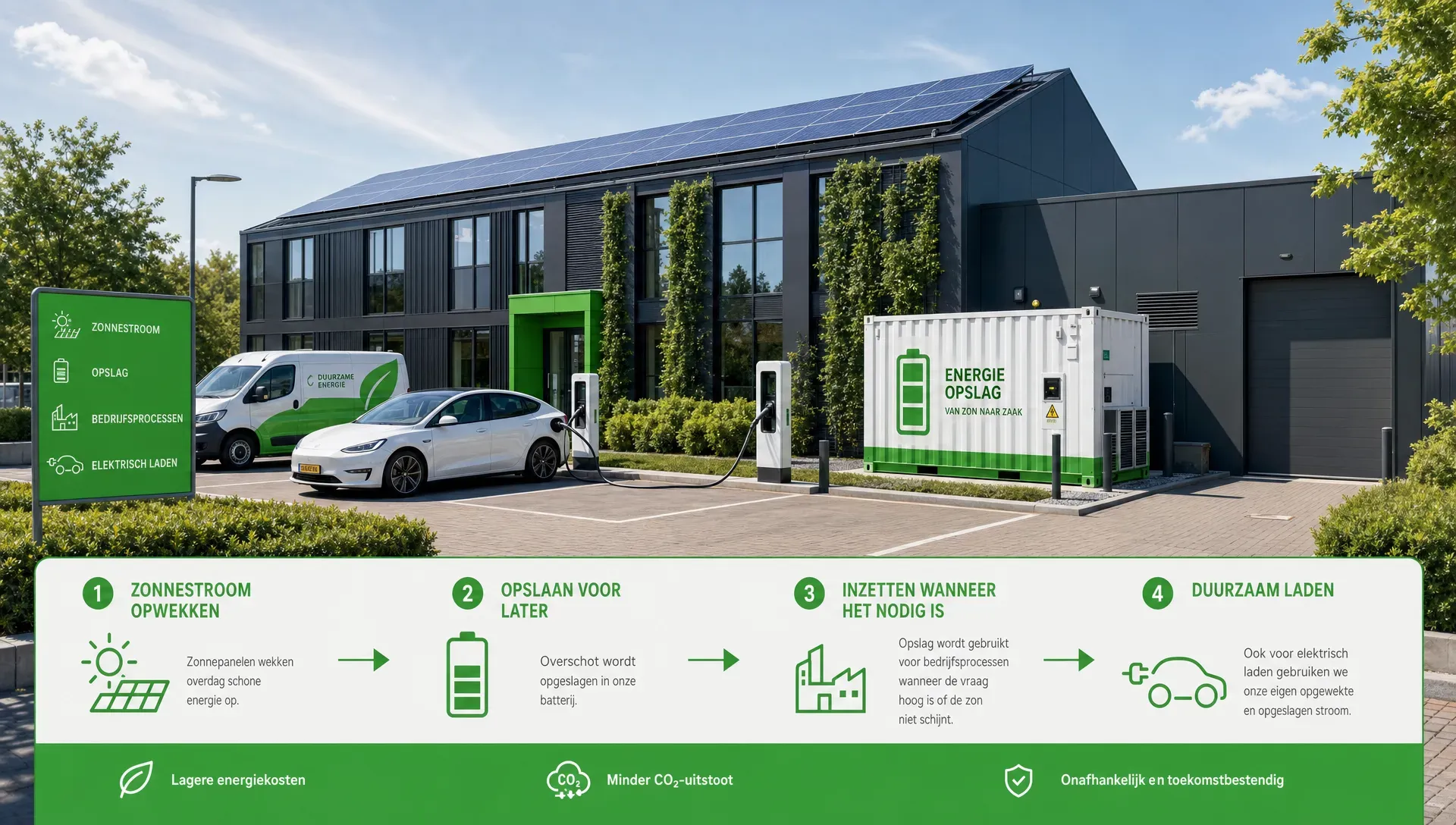 Een modern bedrijfspand met zonnepanelen op het dak, laadpalen op het terrein en een compacte batterijcontainer naast de technische ruimte, met de nadruk op hoe een onderneming eigen zonnestroom opslaat en later inzet voor bedrijfsprocessen en elektrisch laden.