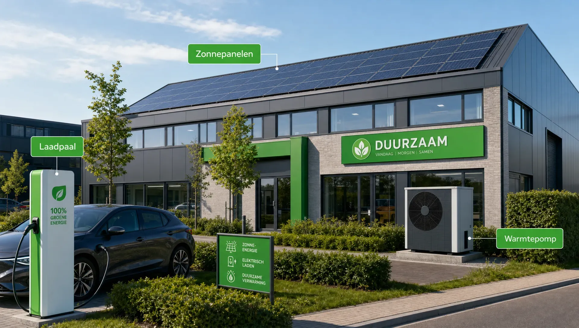 Een Nederlands bedrijfspand op een bedrijventerrein met zonnepanelen op het dak, een laadpaal voor elektrische voertuigen en een warmtepompunit naast het gebouw in een overzicht van duurzame maatregelen.