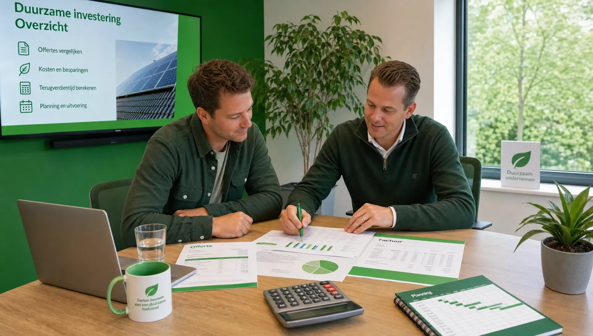 Een ondernemer en een adviseur bekijken in een vergaderruimte offertes, facturen en de planning voor een duurzame investering, met documenten en een rekenmachine op tafel.