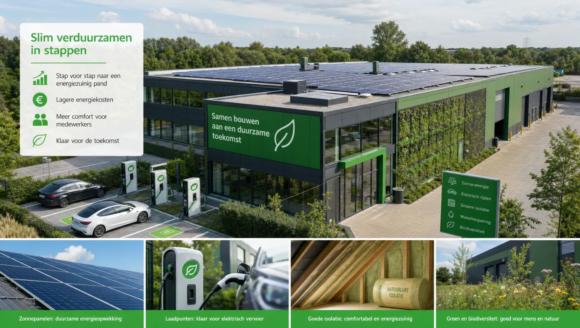 Een Nederlands bedrijfspand met zonnepanelen op het dak, laadpunten op het terrein en goed zichtbare isolatie in en rond het gebouw, met groen rondom het pand als voorbeeld van slimme verduurzaming in stappen.