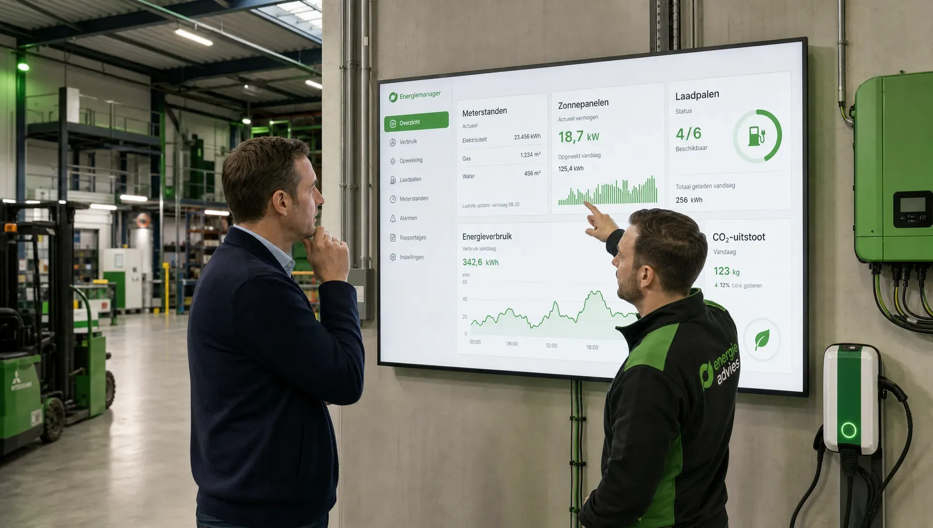 Een ondernemer in een bedrijfspand bekijkt samen met een energieadviseur meterstanden, zonnepanelen, laadpalen en energieverbruik op een grote wandkaart in de technische ruimte. Op de achtergrond zijn een bedrijfshal en installaties zichtbaar.