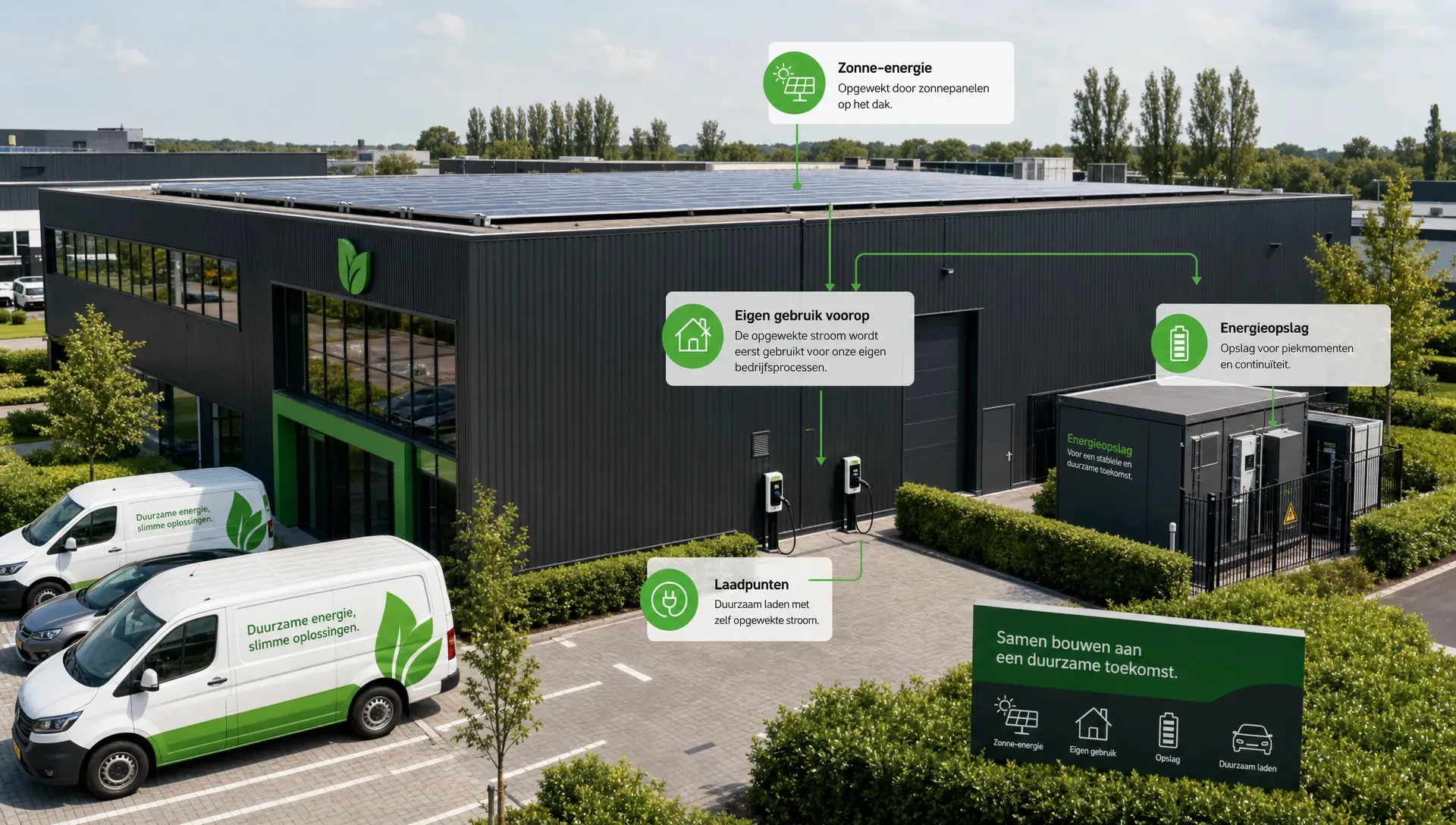Een Nederlands bedrijfspand met zonnepanelen op een plat dak, laadpunten op het terrein en een kleine technische ruimte voor energieopslag, gezien vanaf de zijkant van het gebouw. Op de voorgrond staan bedrijfswagens geparkeerd en de opstelling laat zien dat de opgewekte stroom vooral voor eigen gebruik wordt ingezet.