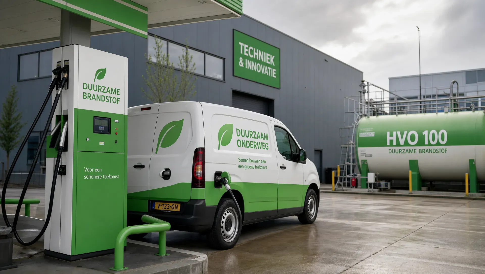 Een bedrijfswagen tankt bij een pomp voor duurzame brandstoffen op een bedrijventerrein, met in de omgeving een bedrijfshal en een aparte tank- of vulvoorziening voor alternatieve brandstoffen.