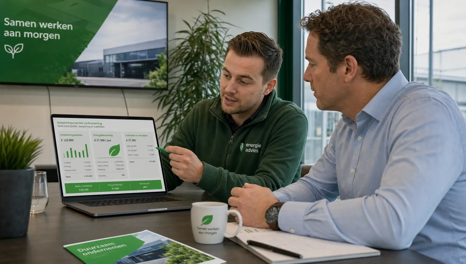 Een ondernemer bekijkt samen met een energieadviseur een overzicht van investeringskosten, energiebesparing en subsidies op een vergadertafel in een vergaderruimte van een bedrijfspand.