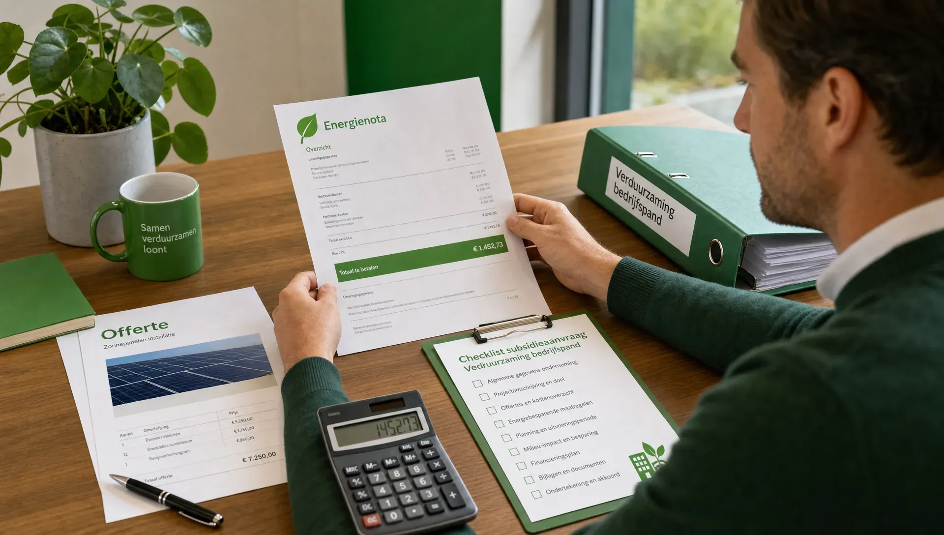 Een ondernemer bekijkt op een bureau een energierekening, offertes, een rekenmachine en een checklist voor een subsidieaanvraag voor verduurzaming van een bedrijfspand.