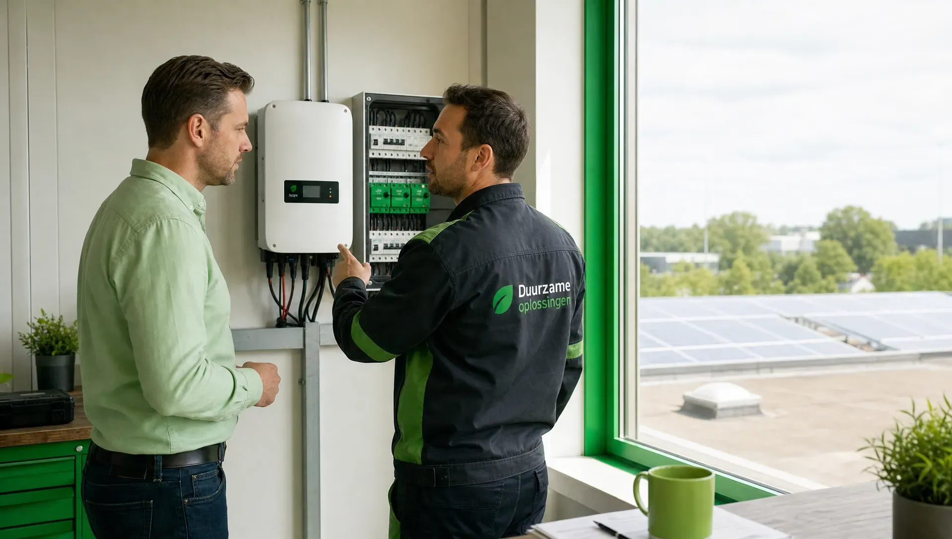 Een ondernemer en installateur bekijken samen een omvormer en meterkast in een bedrijfspand, met zonnepanelen zichtbaar op het platte dak door een raam.