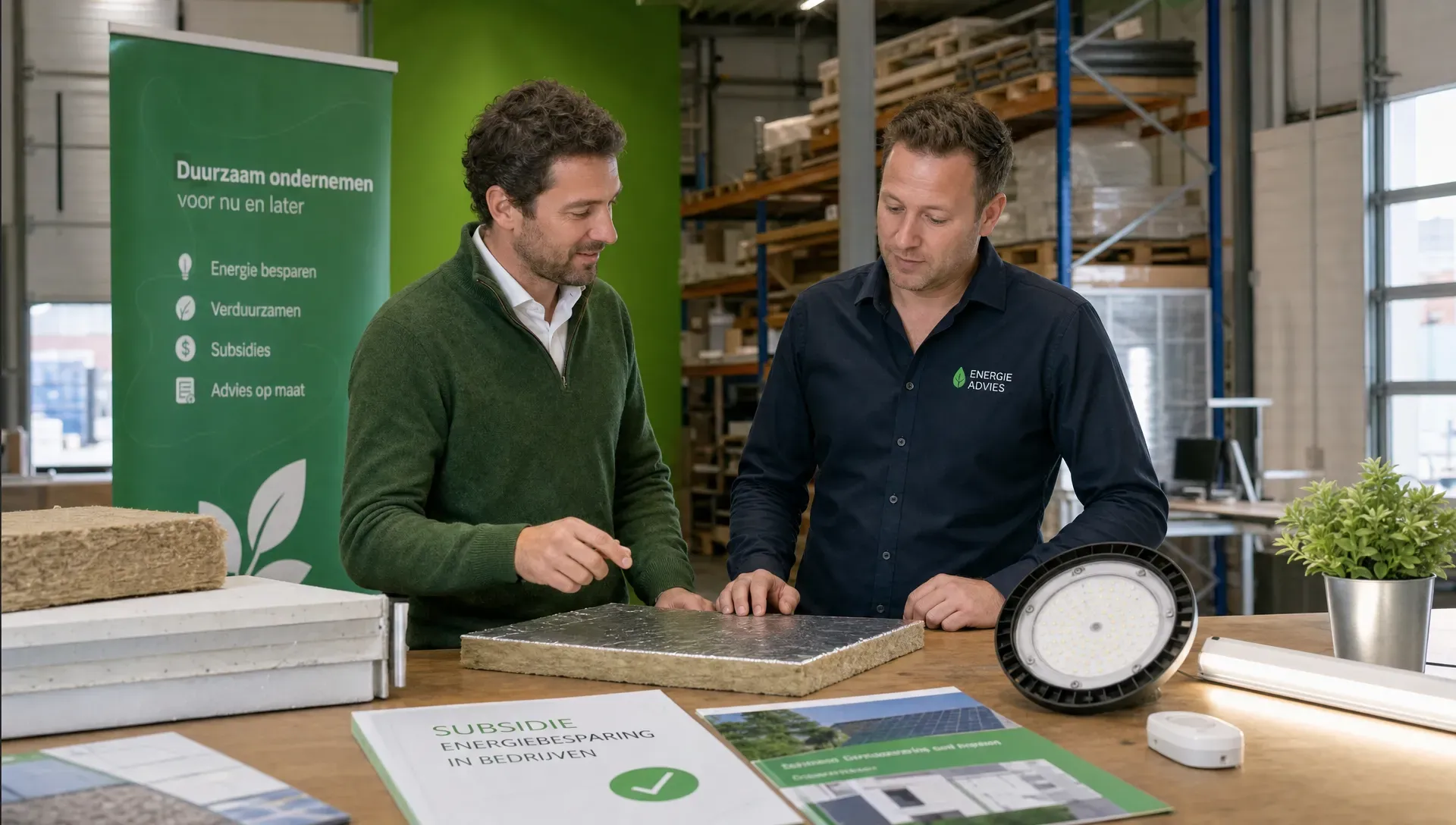 Een ondernemer en adviseur bekijken in een bedrijfspand isolatiemateriaal, ledverlichting en subsidiepapieren op tafel.