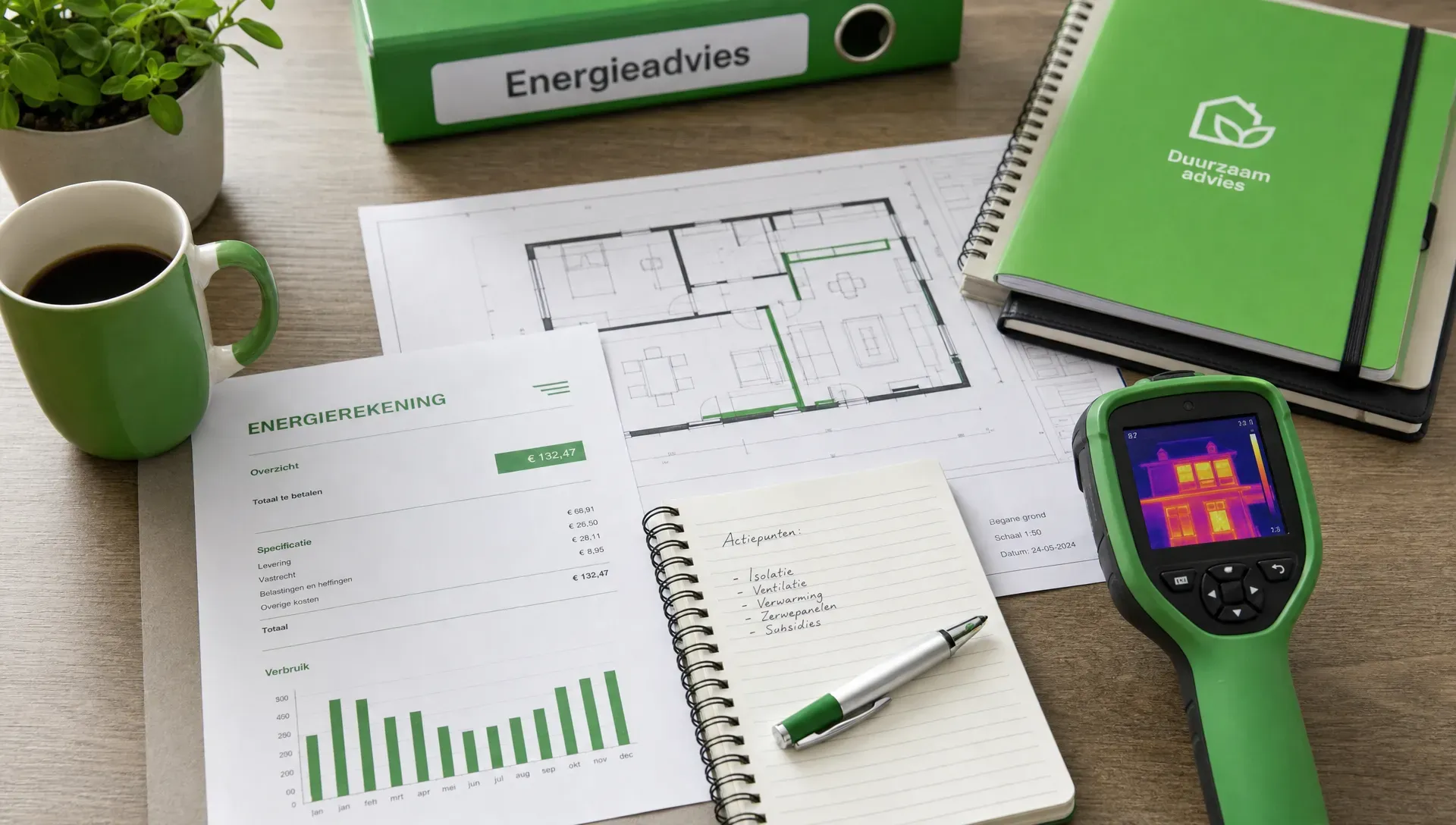 Een werktafel met een energierekening, plattegrond, notitieblok, meetapparaat en kop koffie ter voorbereiding op energieadvies.