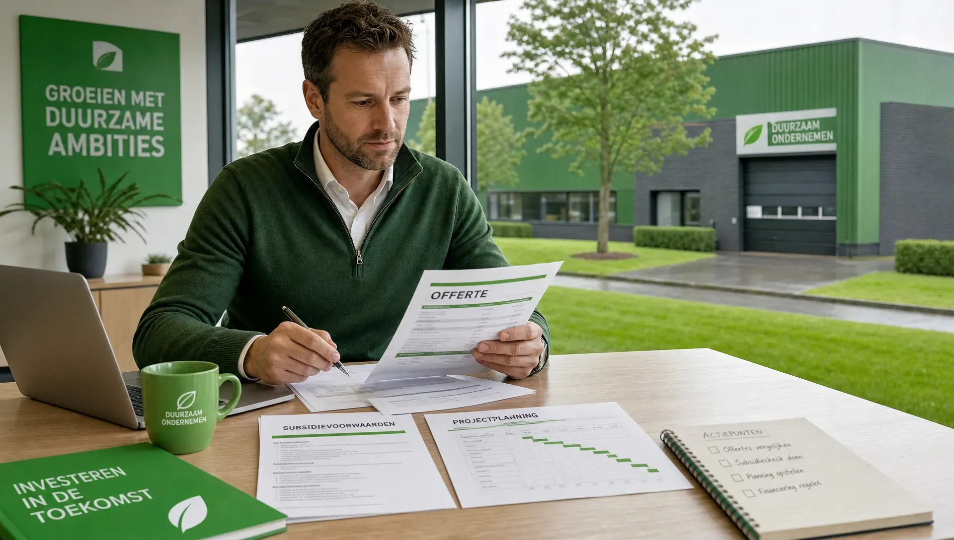 Een ondernemer aan een vergadertafel met offertes, subsidievoorwaarden en een eenvoudige projectplanning, met op de achtergrond een bedrijfspand en groene buitenruimte.