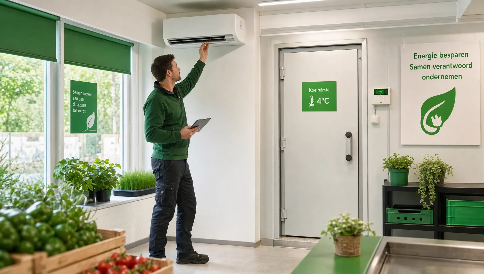 Een ondernemer loopt door een bedrijfsruimte en controleert een airco-unit, zonwering bij ramen en een gesloten deur naar een koelruimte. De ruimte oogt overzichtelijk en energiezuinig ingericht.