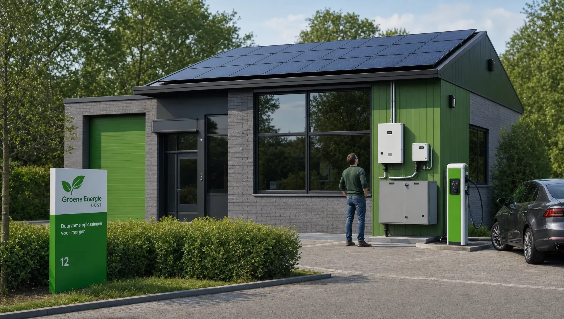 Een compact bedrijfspand in de regio Arnhem-Nijmegen met zonnepanelen op het dak, een laadpunt op het terrein en een ondernemer die buiten bij de gevel naar de installatie kijkt.