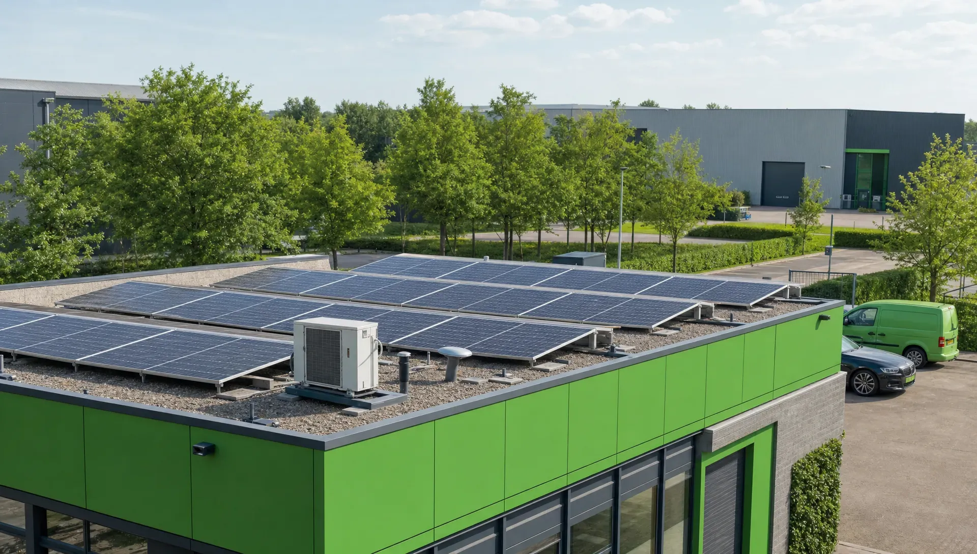 Zonnepanelen op het platte dak van een klein bedrijfspand, met op de achtergrond een rustige bedrijfshal en groen langs de rand van het terrein.