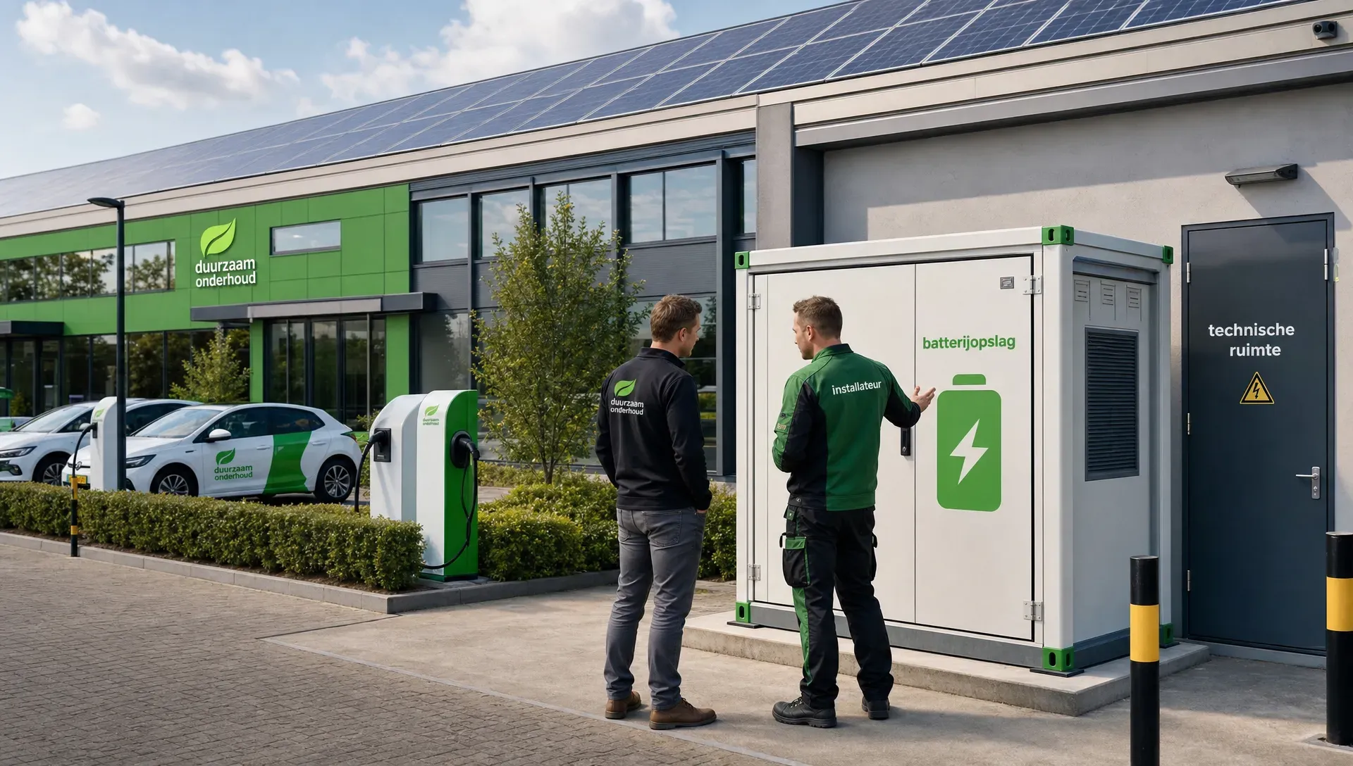 Een bedrijfspand met zonnepanelen op het dak, laadpunten op het terrein en een compacte batterijcontainer naast de technische ruimte. Een ondernemer en installateur bekijken samen de veilige plaatsing van de batterij.