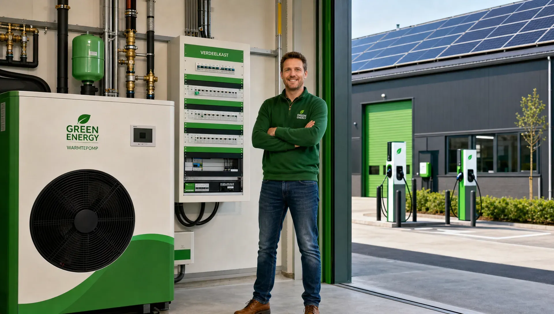 Een ondernemer staat in een bedrijfshal naast een warmtepompinstallatie en een verdeelkast, met op de achtergrond zonnepanelen op het dak en laadpunten buiten het pand.
