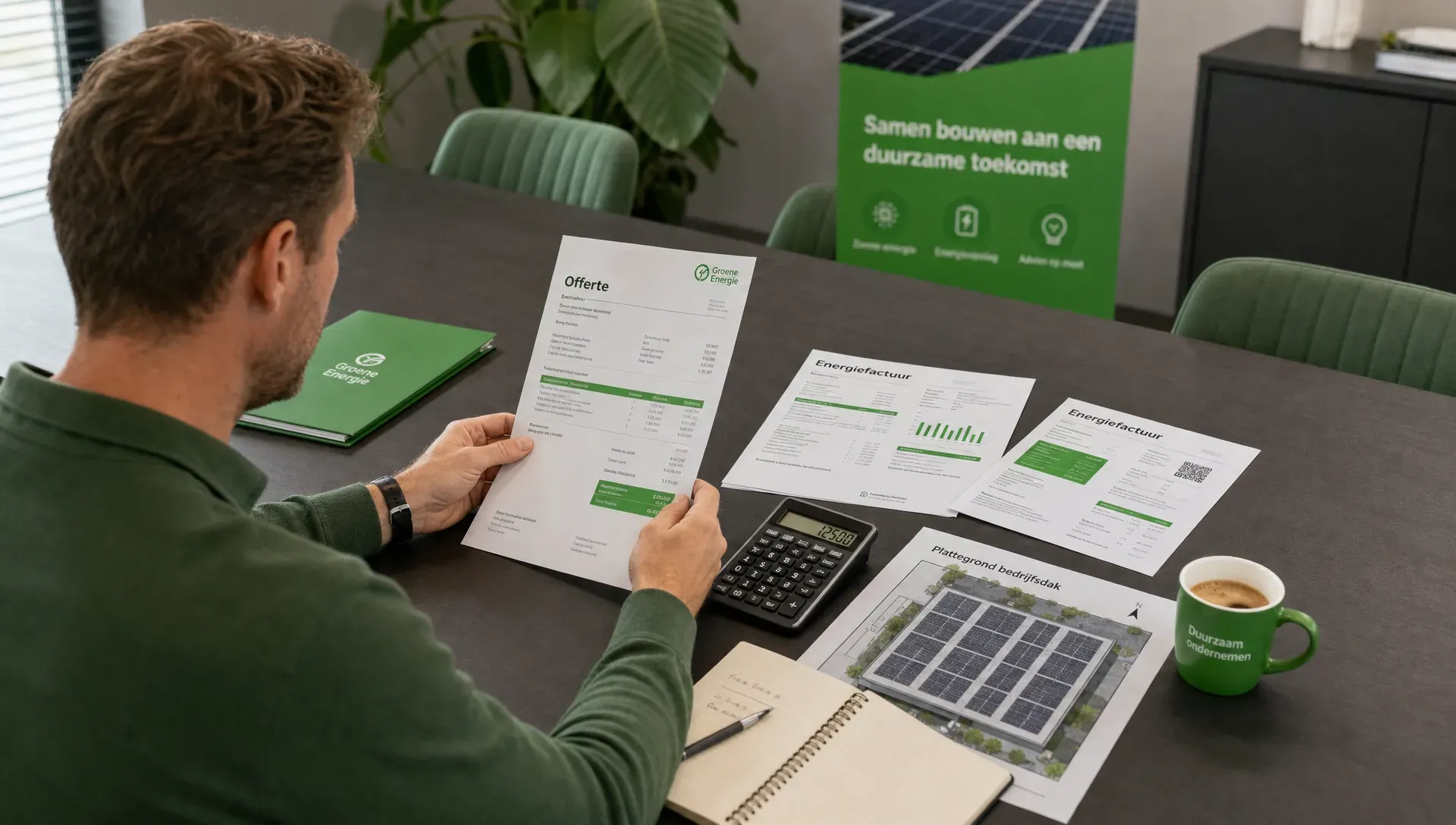 Een ondernemer bekijkt een offerte, energiefacturen, een rekenmachine en een plattegrond van het bedrijfsdak aan een vergadertafel.