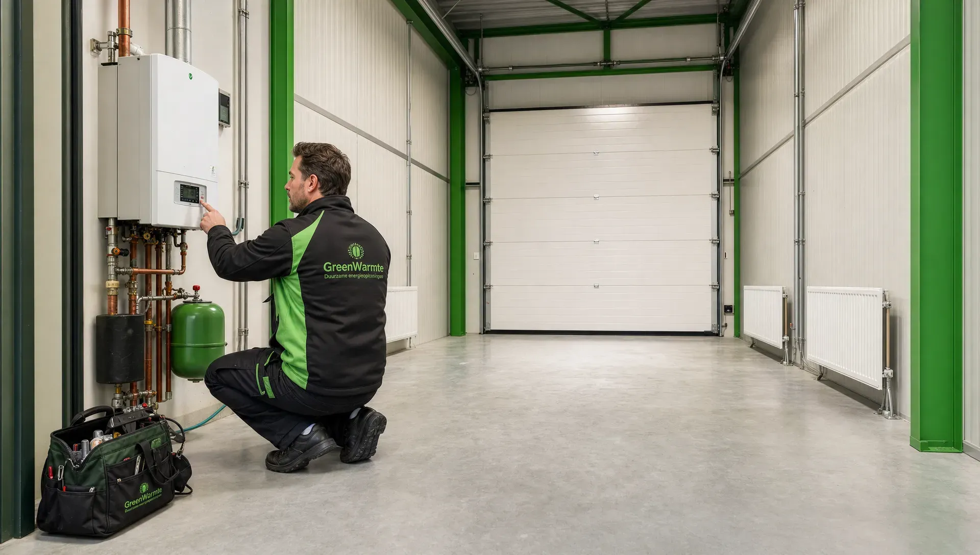 Een monteur controleert de verwarmingsinstallatie in een geïsoleerde bedrijfsruimte met gesloten overheaddeur en vrije radiatoren.