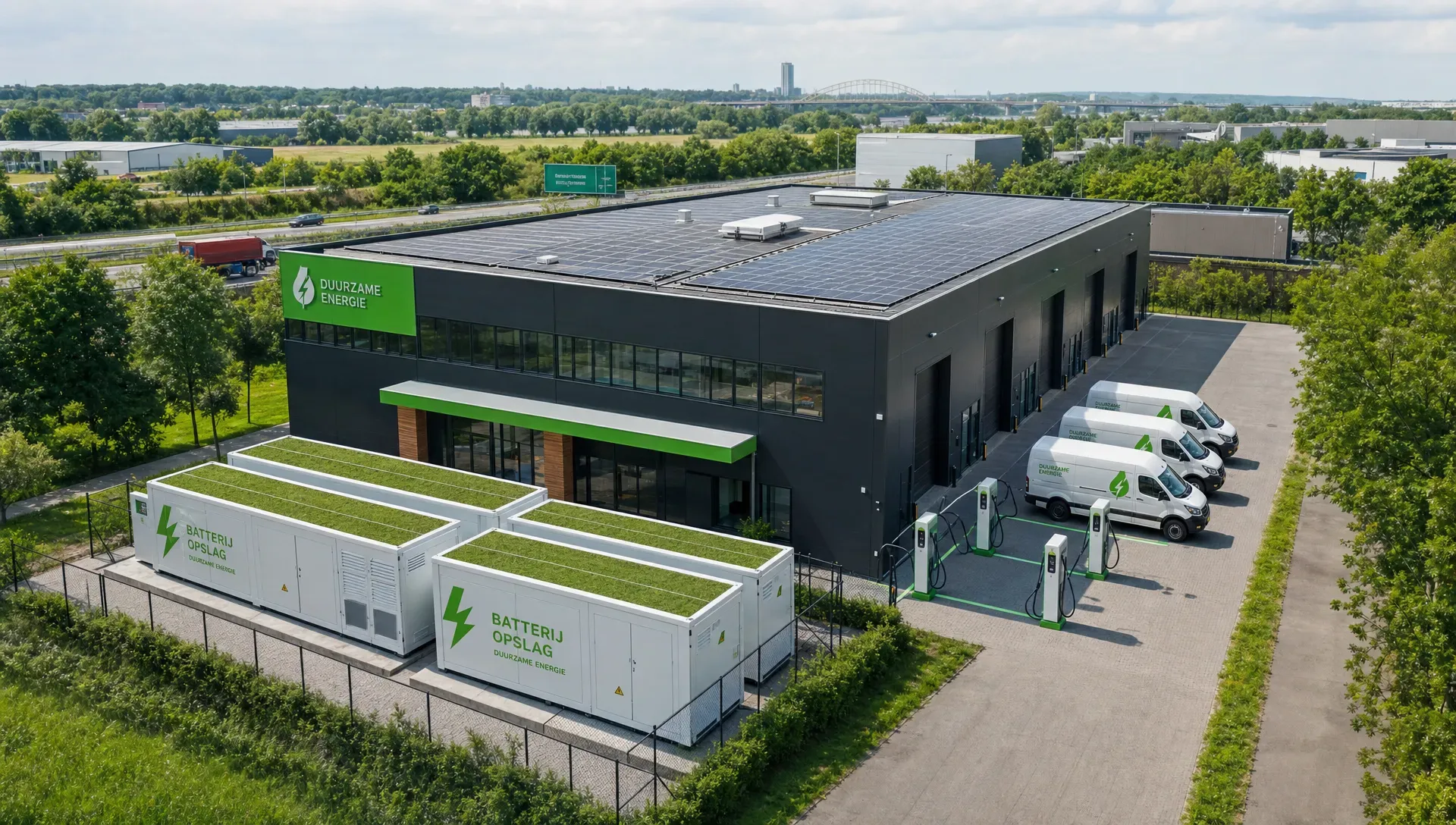 Een bedrijfspand in Arnhem-Nijmegen met zonnepanelen op het dak, een laadplein voor bedrijfswagens en een batterijopslag naast het pand.