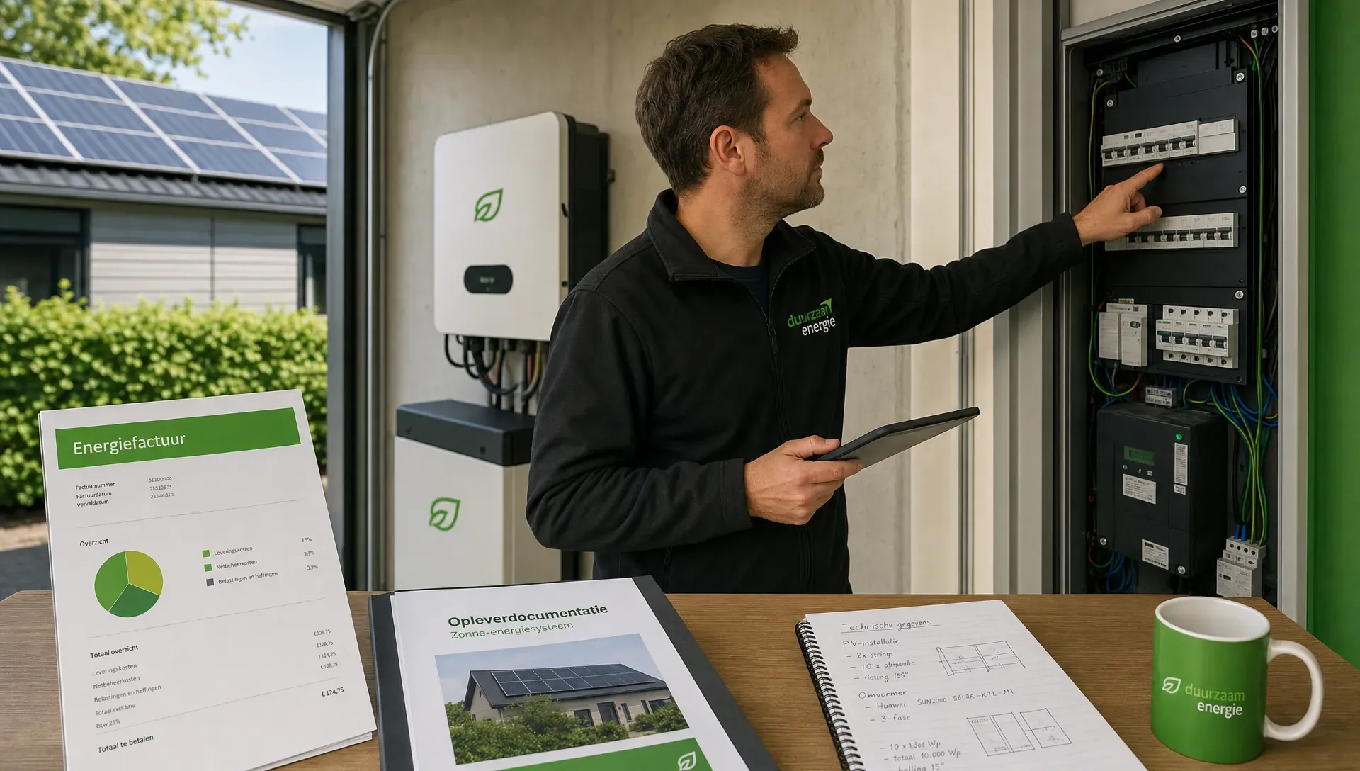 Een ondernemer staat in een bedrijfspand bij de meterkast terwijl op de achtergrond een omvormer en het dak met zonnepanelen zichtbaar zijn. Op een tafel liggen een energiefactuur, opleverdocumenten en een notitieblok met technische gegevens.