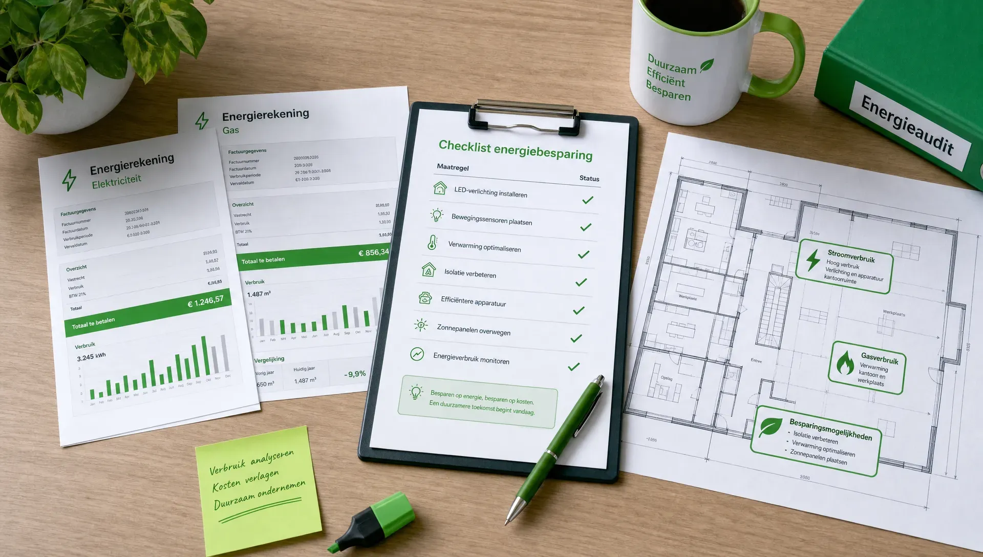 Een bureau met energienota’s, een checklist, een plattegrond van een bedrijfspand en markeringen bij stroomverbruik, gasverbruik en mogelijke besparingsmaatregelen.