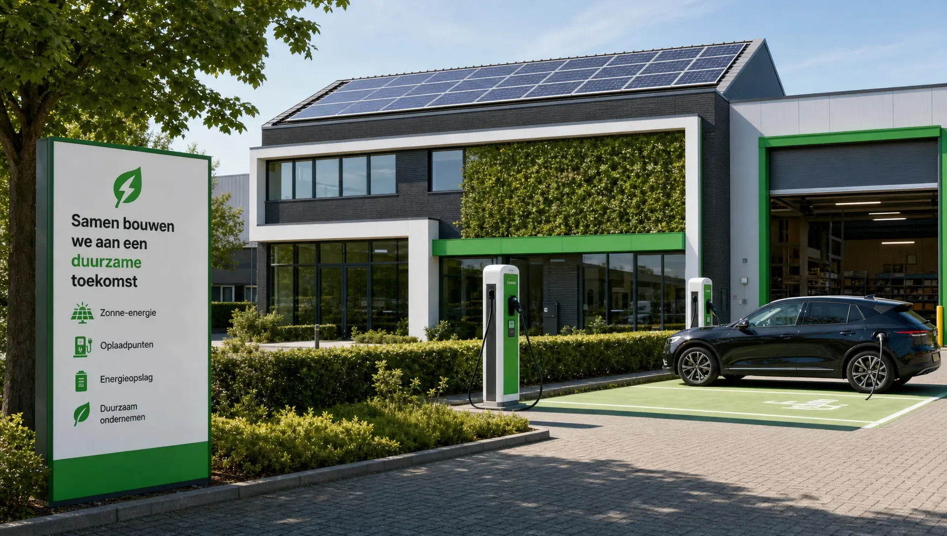 Een bedrijfspand met zonnepanelen en laadpunten laat zien hoe je als ondernemer stappen zet richting energieonafhankelijk werken.
