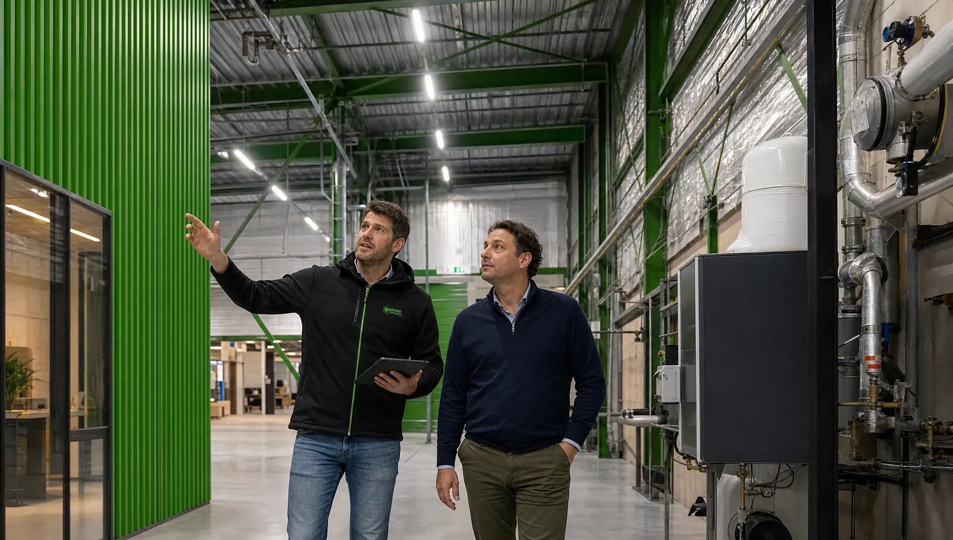 Een ondernemer in Nijmegen loopt met een energieadviseur door een bedrijfspand en bekijkt verlichting, isolatie en installaties.