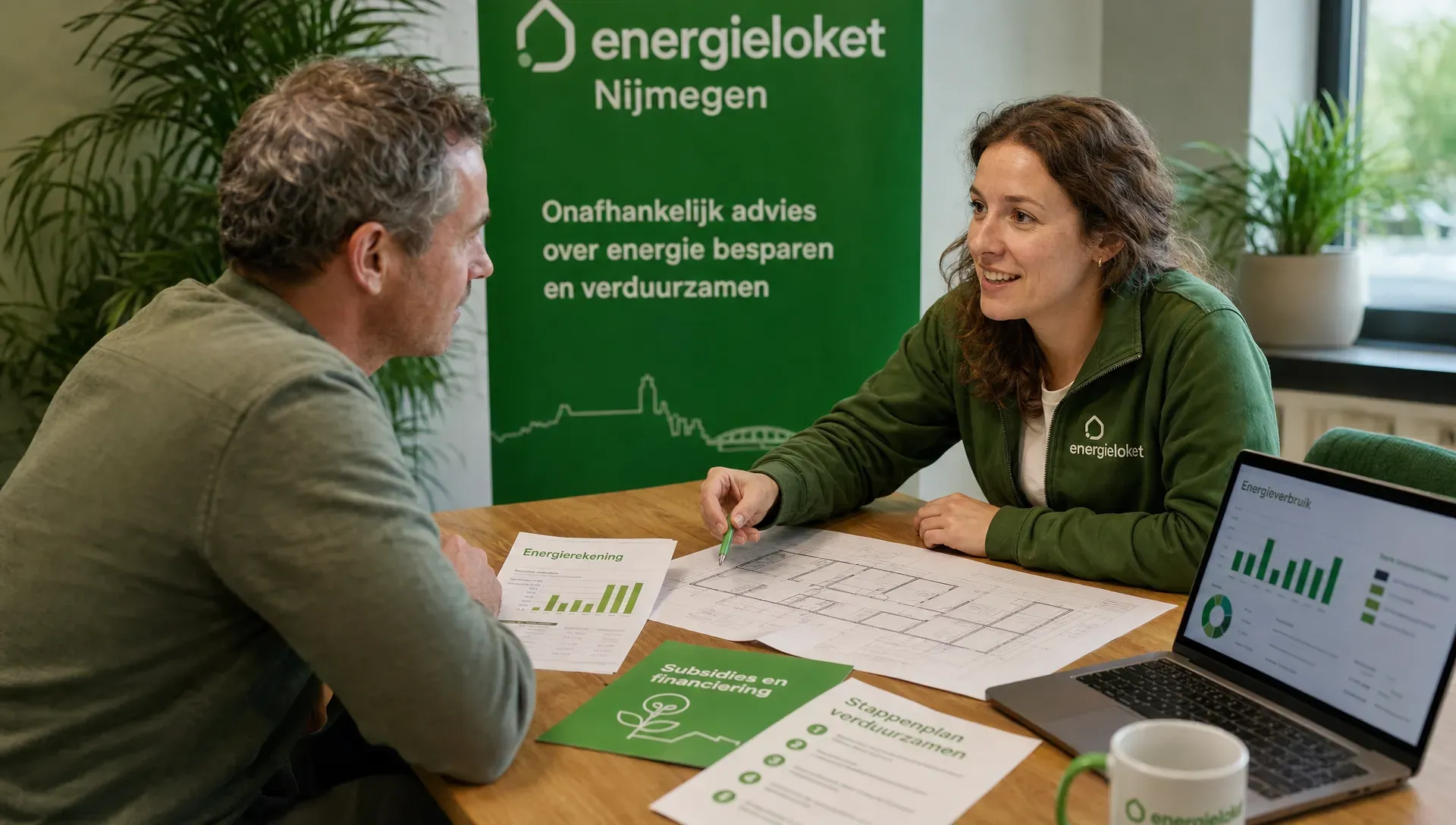 Een ondernemer in Nijmegen bespreekt aan tafel energieverbruik, subsidies en verduurzamingsstappen met het energieloket, met een energierekening en plattegrond van het bedrijfspand erbij.