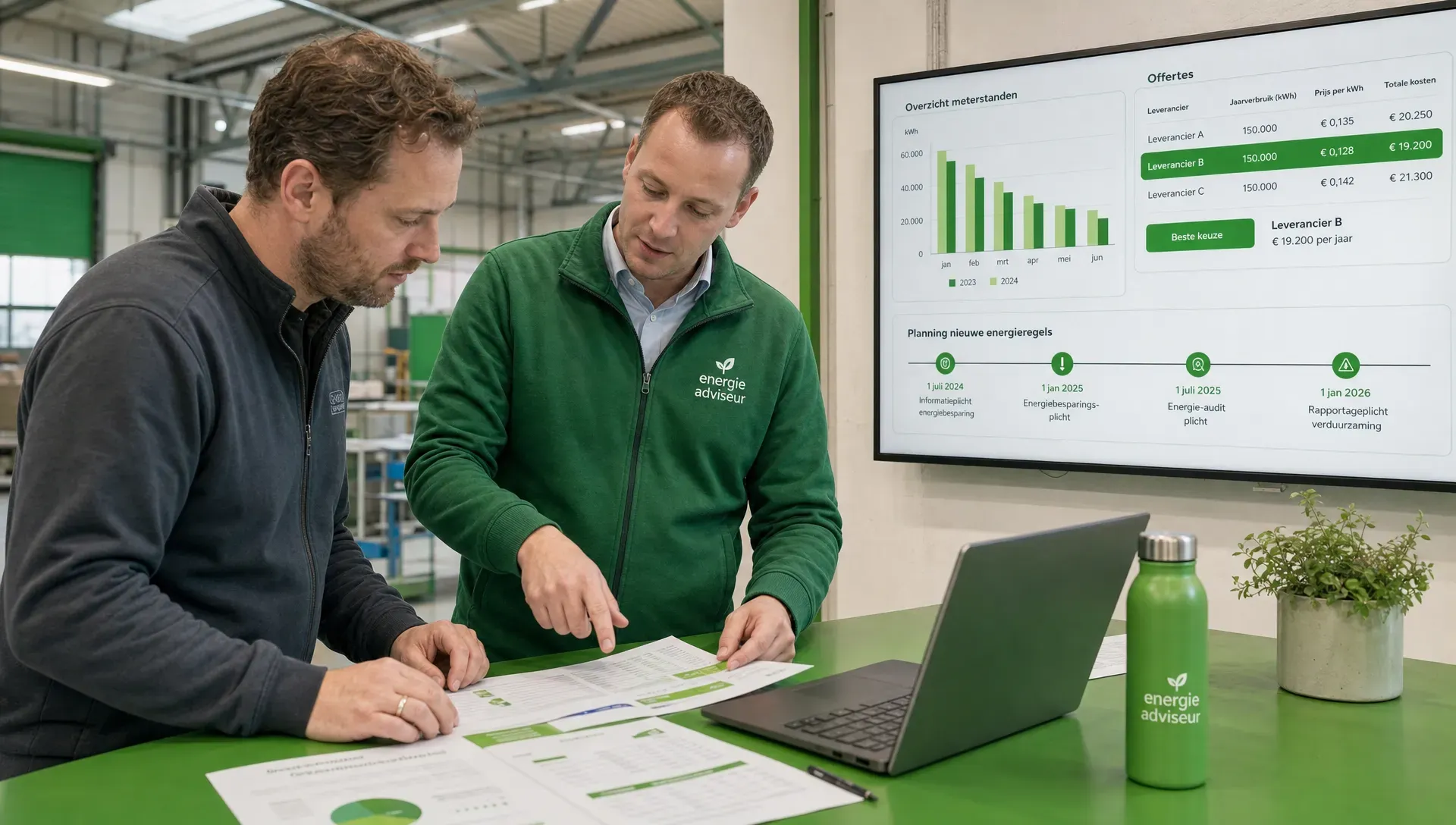 Een ondernemer en energieadviseur bekijken samen meterstanden, offertes en een planning voor nieuwe energieregels in een bedrijfspand.