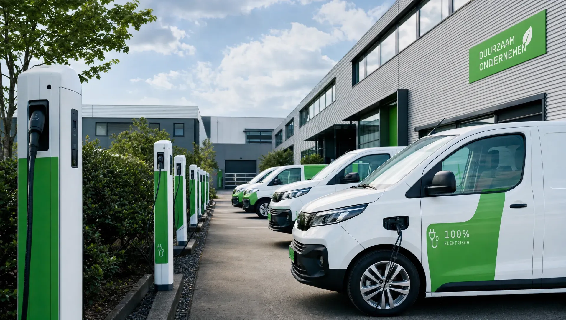 Een bedrijfsterrein met laadpalen en elektrische bedrijfsauto’s laat zien waar subsidie voor laadinfra op werk over gaat.
