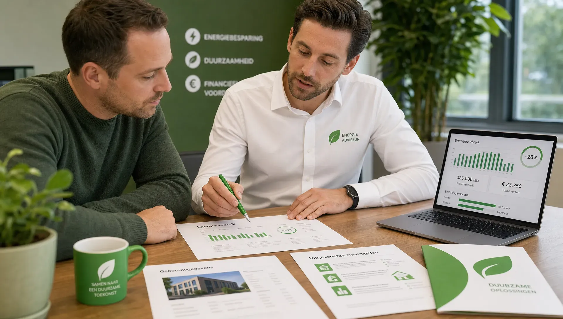 Ondernemer en energieadviseur bekijken samen energieverbruik, gebouwgegevens en uitgevoerde maatregelen op een tafel met documenten en een laptop.