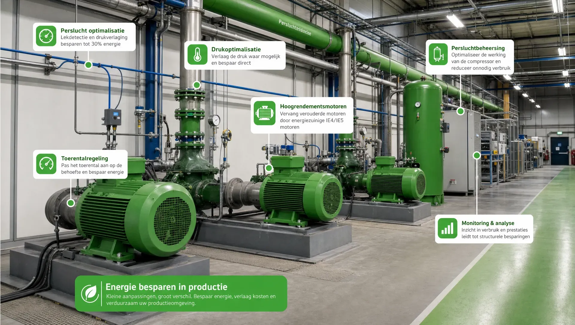 Een productiehal met motoren, persluchtleidingen en meetpunten laat zien waar je energie in productie kunt besparen.