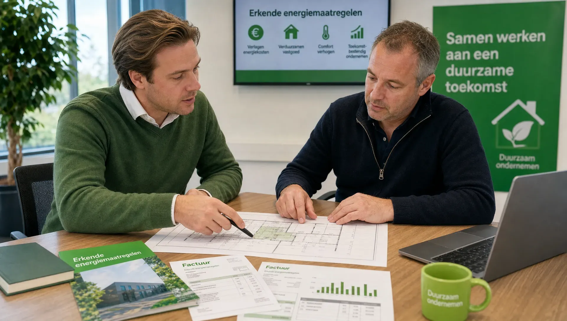 Een ondernemer en energieadviseur bekijken samen facturen, een plattegrond en een actielijst voor erkende energiemaatregelen in een bedrijfspand.
