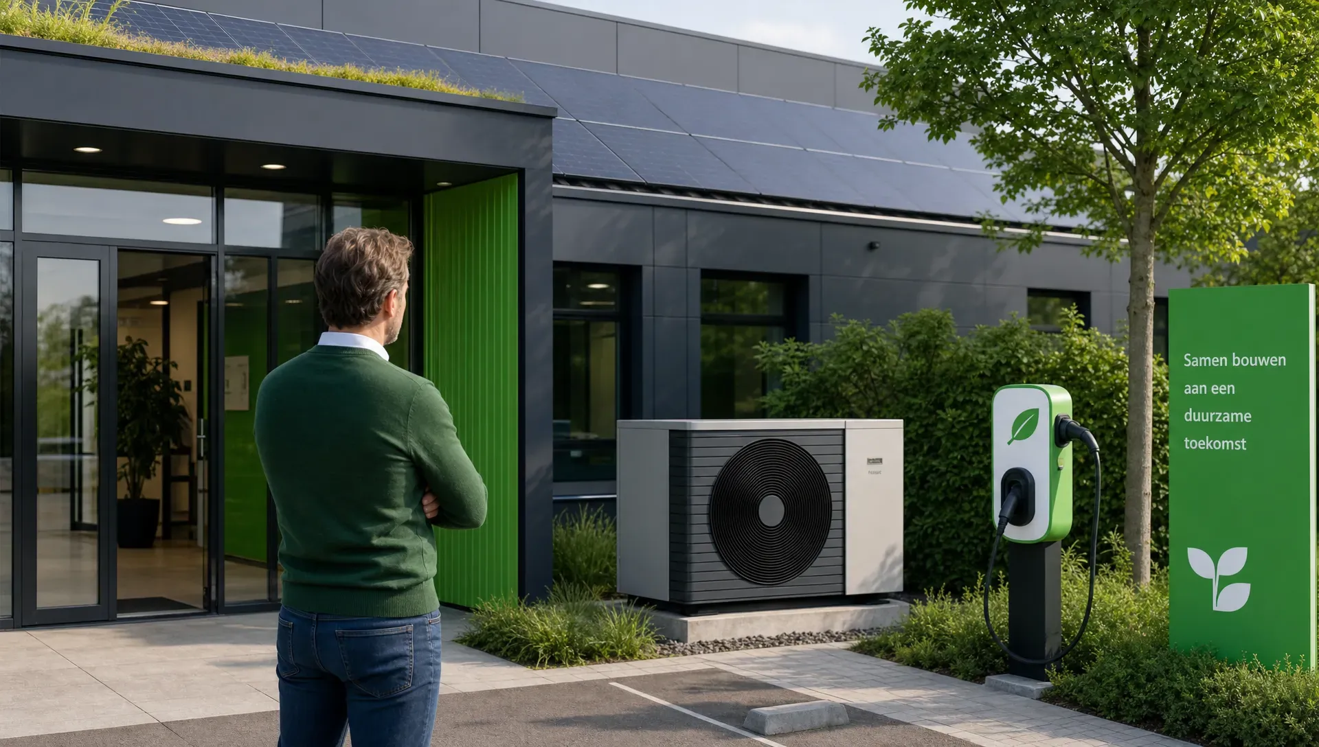 Een ondernemer bekijkt bij de ingang van een bedrijfspand zonnepanelen, een warmtepomp en een laadpaal als samenhangende duurzame installaties.