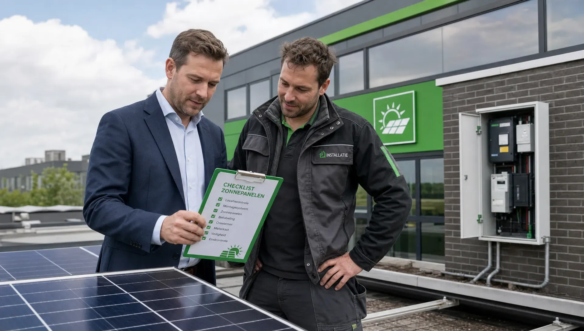 Een ondernemer en installateur bekijken op het bedrijfsdak een checklist bij zonnepanelen, met de meterkast en het pand op de achtergrond.