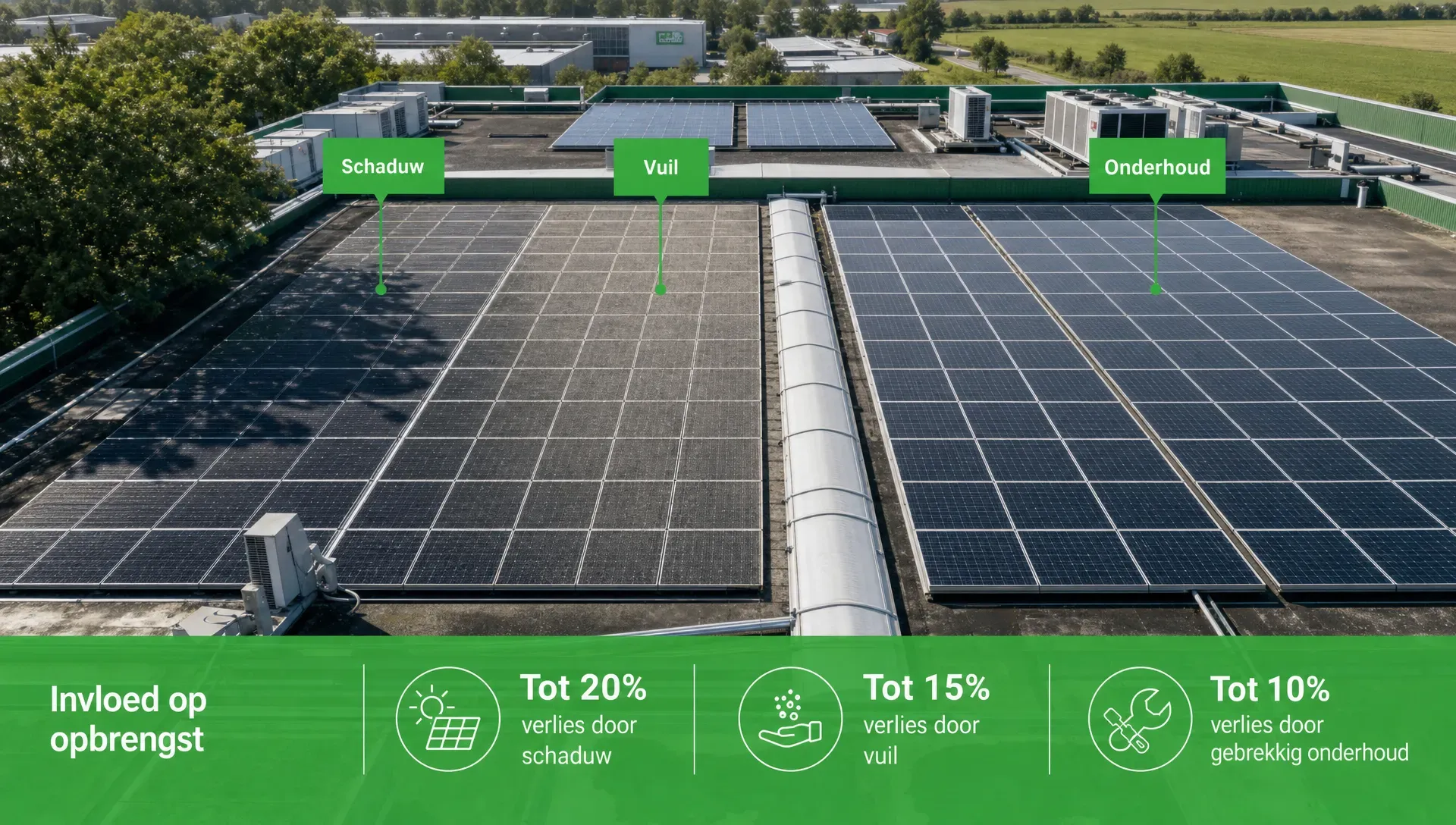 Een bedrijfsdak met zonnepanelen laat zien hoe schaduw, vuil en onderhoud de opbrengst kunnen beïnvloeden.