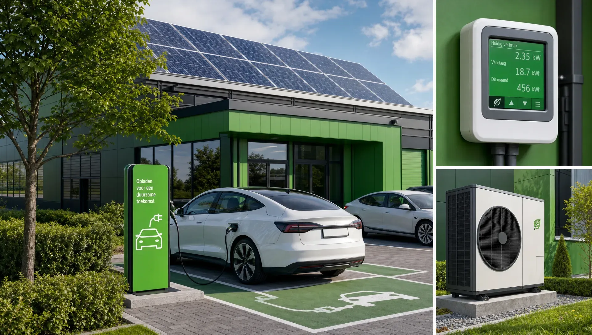 Praktische voorbeelden van hernieuwbare energie bij een bedrijfspand, met zonnepanelen op het dak, laadpunten voor elektrische voertuigen, een warmtepomp buiten het pand en een energiemeter in beeld.