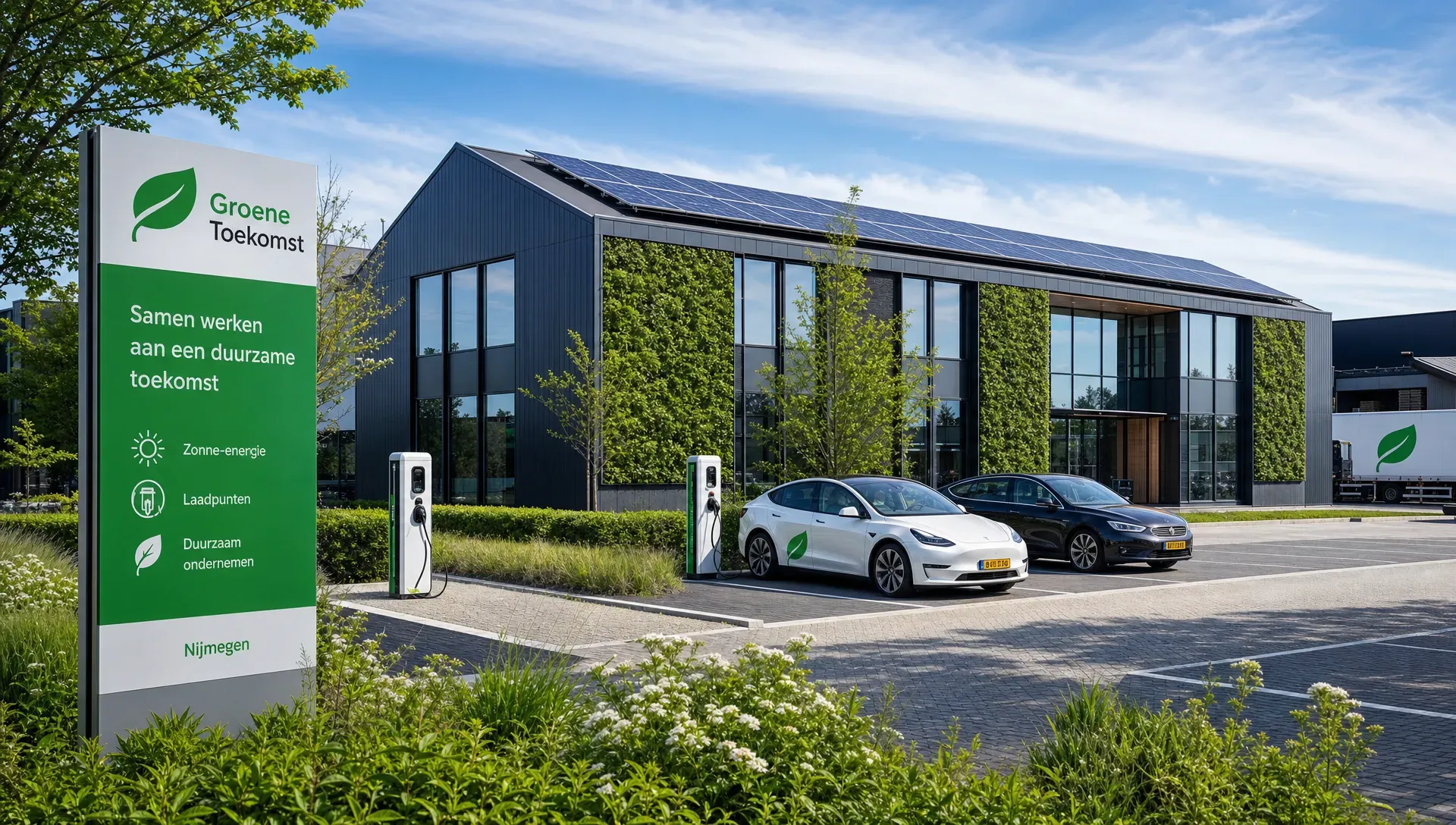 Een bedrijfspand in Nijmegen met zonnepanelen, laadpunten en groen rond het terrein laat verduurzaming van een ondernemer zien.