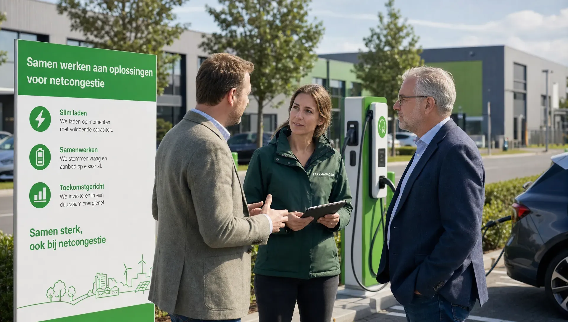 Ondernemers en een parkmanager bespreken op een bedrijventerrein de gezamenlijke aanpak van netcongestie naast laadplekken en bedrijfspanden.