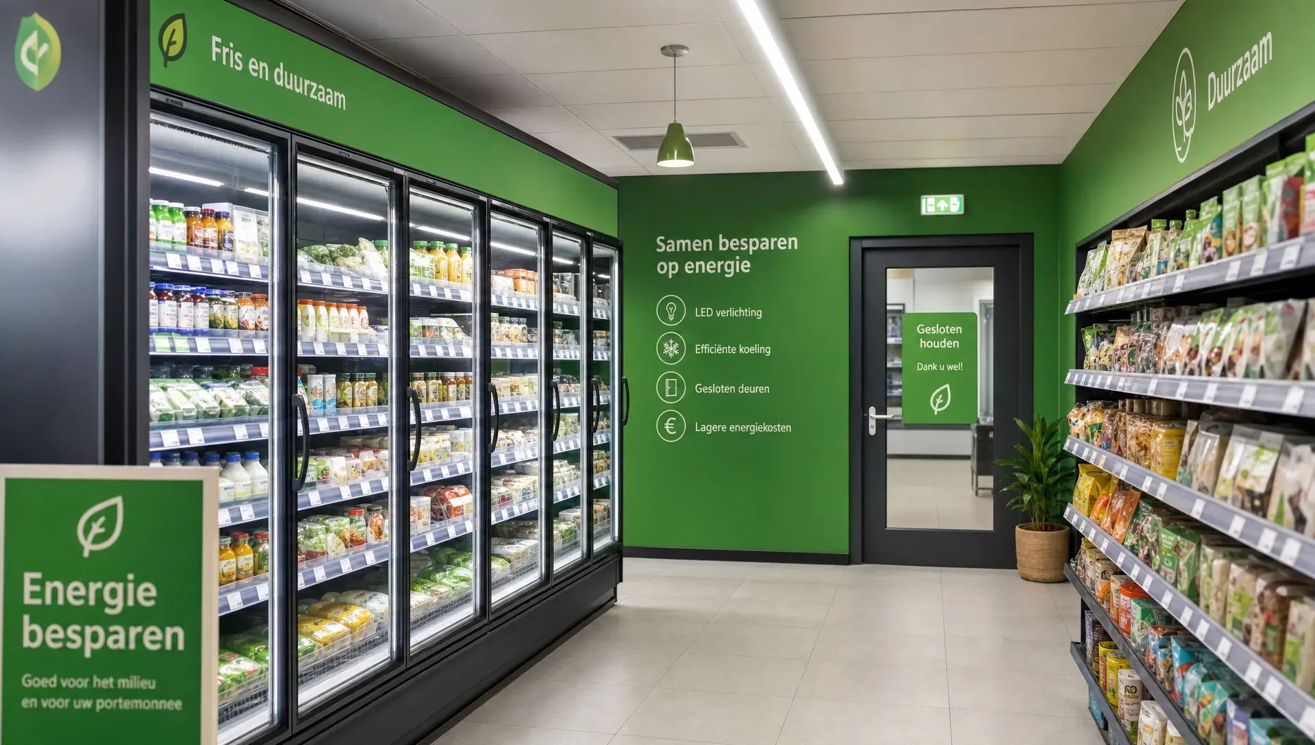 Een winkel met ledverlichting boven de schappen, gesloten glazen koeldeuren en een gesloten toegangsdeur laat energiebesparing zien.